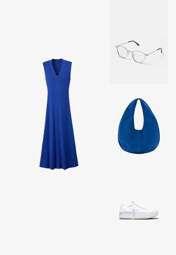 Robe tricotée bleu roi sans manches avec col en V et jupe midi évasée, présentée sur fond blanc.; Baskets basses blanches en toile avec semelle plateforme épaisse, lacets sur le devant et embout en caoutchouc texturé, vues de profil.; Lunettes en métal argenté avec des verres ronds et une fine monture. Les embouts de branches noirs offrent un contraste. Plaquettes de nez ajustables incluses.; Sac hobo en tissu bleu doux avec une forme arrondie en croissant et une large ouverture pour la poignée au centre supérieur.