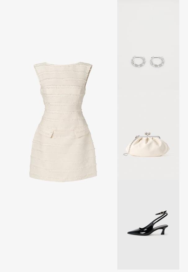 Witte jurk met verticale gestructureerde strepen, getailleerd ontwerp, ronde halslijn en twee kleine voorkant zakken.; Zwarte gepatineerde leren slingback hakken met een puntige neus, lage blokhak en een verstelbare enkelband met een gouden gespsluiting.; Crèmekleurige stoffen clutch met een geplooid ontwerp, een zilverkleurig metalen frame, twee decoratieve balletjes en een zilveren kettingriem.; Zilveren oorringen met parel- en kristalaccenten, met een gestructureerd oppervlak en een veilige postsluiting.