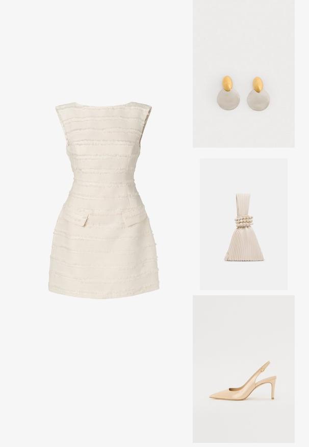 Hvid kjole med vertikale teksturerede striber, tætsiddende design, scoop halsudskæring og to små forlommer.; Nude patenteret læder slingback hæl med spidse tæer, åben vamp og en tynd stiletto hæl. Har et cirkulært guldfarvet element på remmen.; Lille plisseret beige håndtaske med et knyttet håndtag og tre runde perlearmbånd viklet omkring midten.; Guld- og sølvmetalløreringe med en rund skivebund og et ovalt topstykke, glat tekstur og poleret finish.
