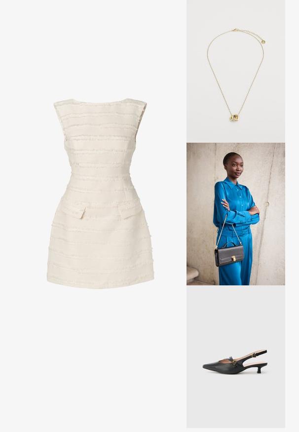 Weißes Kleid mit vertikalen Strukturstreifen, figurbetontem Schnitt, Rundhalsausschnitt und zwei kleinen vorderen Taschen.; Schwarzer Slingback-Pumps aus Leder mit spitzer Zehenpartie, niedrigem Absatz, Cut-out-Design und goldfarbenem Schnallendetail am Riemen.; Junge Frau in blauer Satinbluse und Hose steht mit verschränkten Armen und hält eine schwarze Handtasche mit goldenem Kettenriemen vor einer beigen Wand.; Goldkette mit einem verdrehten Knotenanhänger, ausgestattet mit einer filigranen Kette und einem verstellbaren Verschluss. Glatte, glänzende Textur.