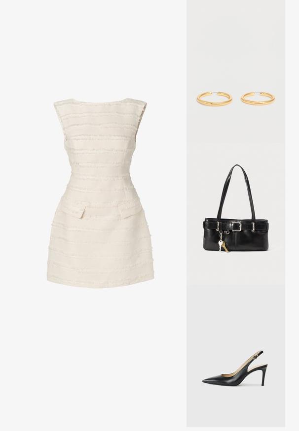 Hvid kjole med vertikale teksturerede striber, tætsiddende design, scoop halsudskæring og to små forlommer.; Sorte læder slingback højhælede sko med spids tå, justerbar rem og en slank stiletto hæl, der har en glat finish.; Sort læder tote bag med to skulderremme, spænde detaljer og en nøglering hængende. Glat overflade, struktureret design.; Par mediumstore polerede guldøreringe med tynde trådlåse på en helt hvid baggrund.