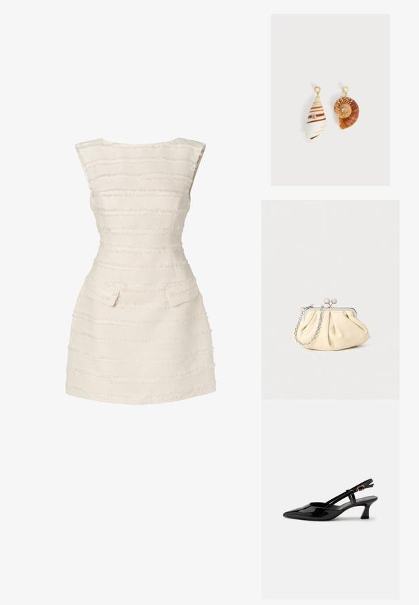 Witte jurk met verticale gestructureerde strepen, getailleerd ontwerp, ronde halslijn en twee kleine voorkant zakken.; Zwarte lakleren slingback kitten heel schoen met spitse neus en verstelbare gouden gespsluiting op een witte achtergrond.; Geplooide beige leren clutch met een zilveren metalen frame, voorzien van twee ronde decoratieve sluitingen en een zilveren kettingriem.; Asymmetrische oorbellen met schelpenhangers, gouden studs met pareltoppen en kleine ingelegde heldere edelstenen op elke schelp.