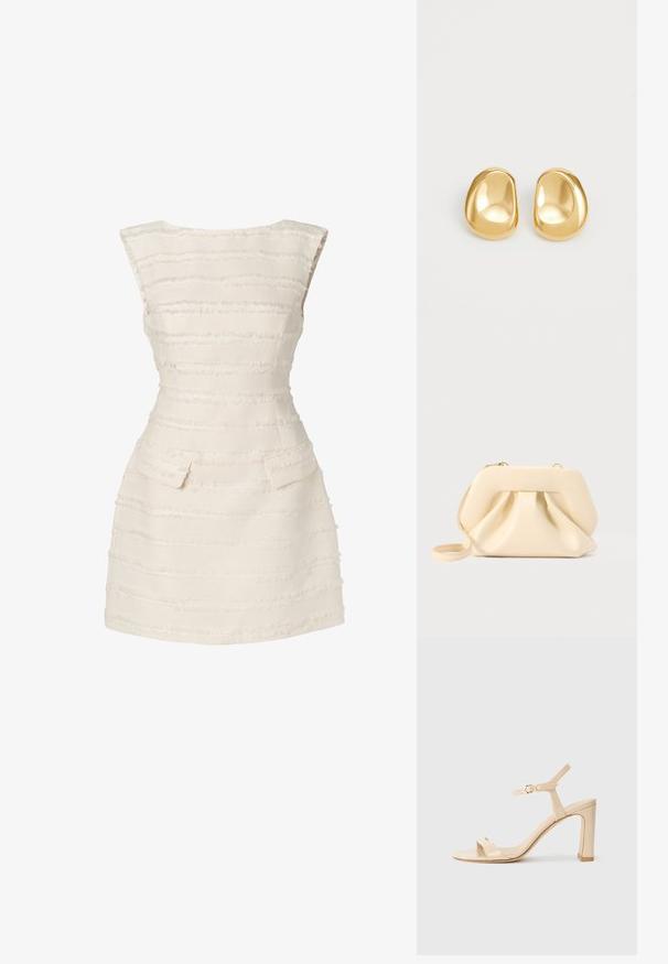 Hvid kjole med vertikale teksturerede striber, tætsiddende design, scoop halsudskæring og to små forlommer.; Beige højhælede sandaler med ankelrem og guldspænde, åben tå og blokhæl på hvid baggrund.; Beige blød læder clutch-taske med struktureret ramme og rynket frontdetalje, med en tynd håndledsrem og guldlås.; Guldfarvede stud øreringe med en glat, rund form og en reflekterende overflade, der fremhæver et minimalistisk design uden synlige mønstre.