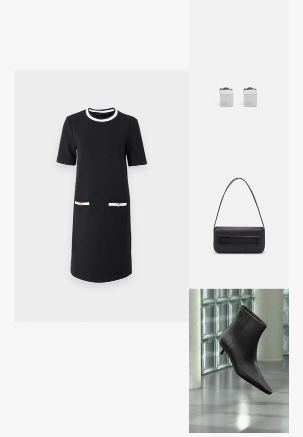 Schwarzes knielanges Kleid mit rundem Ausschnitt, kurzen Ärmeln, zwei Vordertaschen mit weißer und goldener Verzierung sowie einer glatten Stoffbeschaffenheit.; Schwarzer Leder-Knöchelstiefel mit spitzer Spitze und kleinem Absatz vor einer Wand aus Glasbausteinen und einem polierten Boden.; Schwarze Ledertasche mit einem einzigen Schulterriemen, rechteckiger Form, ausgestattet mit einem strukturierten Feld mit dem prägten "KARL LAGERFELD" Logo auf der Vorderseite.; Silberne quadratische Manschettenknöpfe mit polierter Oberfläche, auf der einen Seite mit den eingravierten Buchstaben "CK" und einer abgerundeten Detailgestaltung an der Oberseite.