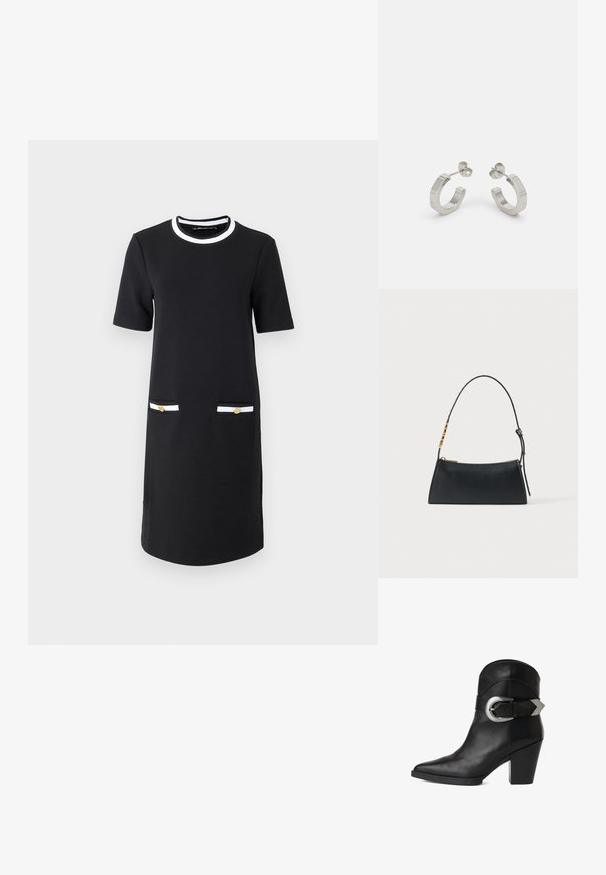 Vestido negro hasta la rodilla con cuello redondo, mangas cortas, dos bolsillos frontales con detalles en blanco y dorado, y una textura de tela suave.; Botín de cuero negro hasta el tobillo con punta afilada, tacón grueso y una correa ancha con una hebilla circular de plata en el costado. Textura suave.; Bolso de mano de cuero negro con cremallera dorada y correa ajustable con detalles rectangulares dorados sobre un fondo blanco.; Pendientes aros de metal plateado con un diseño texturizado, que cuentan con un pequeño respaldo de clip y una marca en uno de los aros. Forma redondeada con un acabado pulido.