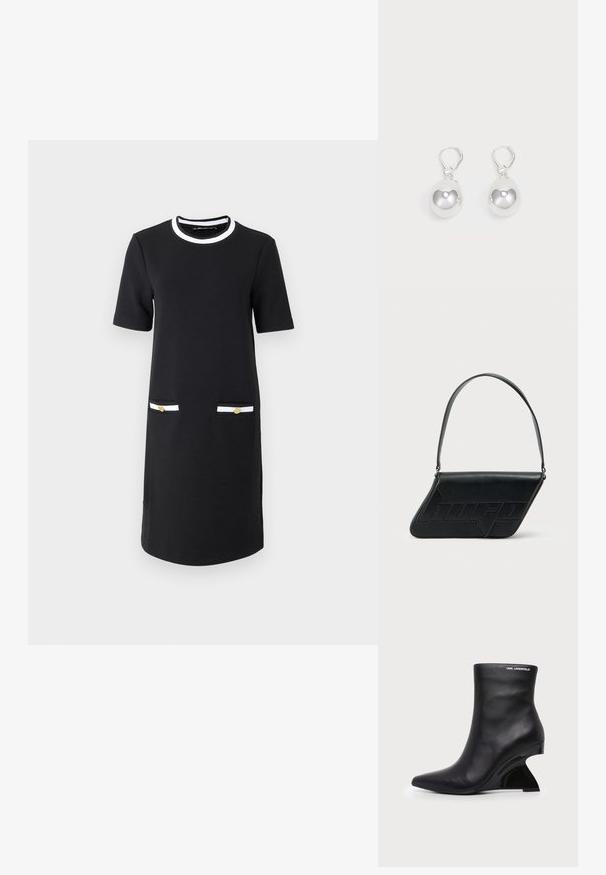 Vestido negro hasta la rodilla con cuello redondo, mangas cortas, dos bolsillos frontales con detalles en blanco y dorado, y una textura de tela suave.; Botín negro de cuero con tacón curvado y esculpido y logo de Karl Lagerfeld cerca del borde superior sobre un fondo blanco.; Bolso de hombro de cuero negro con forma triangular, logo en relieve y una sola correa ajustable. Diseño minimalista con textura suave.; Pendientes de plata en forma de gota con superficies redondas y reflectantes colgando de cierres de palanca. El fondo es blanco liso.