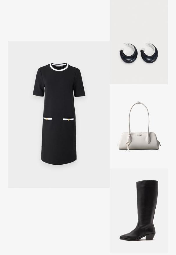 Schwarzes knielanges Kleid mit rundem Ausschnitt, kurzen Ärmeln, zwei Vordertaschen mit weißer und goldener Verzierung sowie einer glatten Stoffbeschaffenheit.; Schwarzer Lederstiefel bis zur Wade mit spitzer Spitze und niedrigem schrägem Absatz vor einfachem hellem Hintergrund.; Weiße Calvin Klein Schultertasche mit langen Griffen, rechteckiger Form, Reißverschluss und dekorativem Logo-Anhänger, der in der Nähe des Griffs hängt.; Schwarze Harz-Hoops mit glänzender Oberfläche und silberfarbenen Hardware-Details. Zirkulare Form mit Ausschnitt und Post-Back-Verschluss.