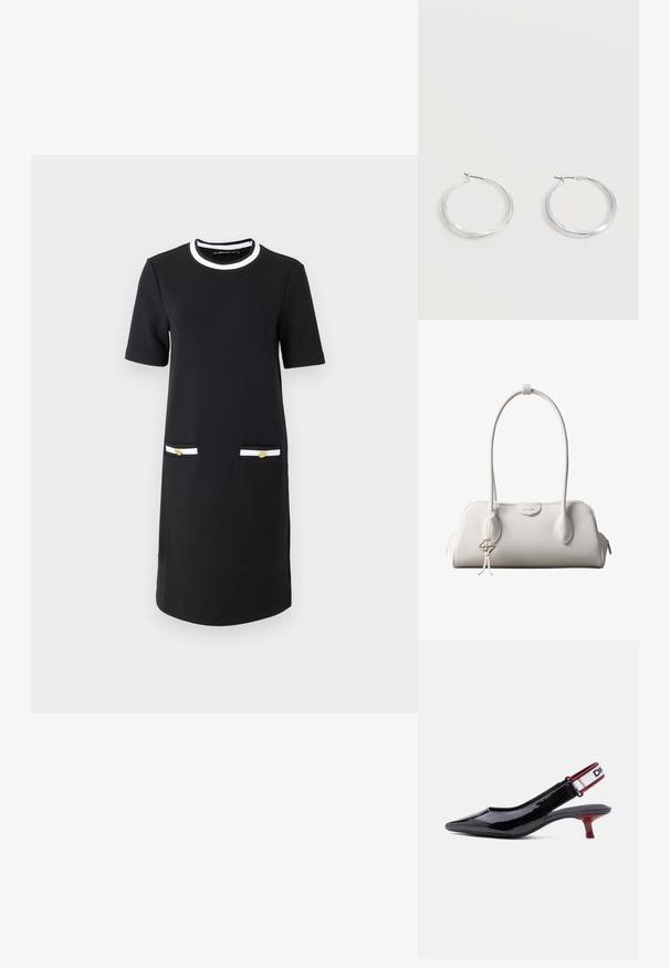 Sort knælængde kjole med rund halsudskæring, korte ærmer, to forlommer med hvid og guld detalje, samt en glat stoftekstur.; Sort patentlær slingback-sko med spids tå, rød lille hæl og elastisk hvid strop med sort og rød kant.; Hvid Calvin Klein skuldertaske med lange håndtag, rektangulær form, lynlåslukning og dekorativt logohæng tæt på håndtaget.; Sølvfarvede metaloorringe med glat, let buet overflade og låsemekanisme på en ensfarvet hvid baggrund.