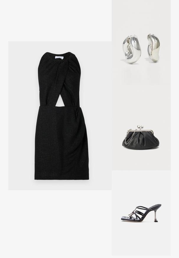 Vestido negro con escote retorcido, detalle en la cintura y tejido texturizado con sutil destello. Silueta sencilla y ajustada.; Sandalia negra de tacón alto con tiras, punta cuadrada y tacón de aguja delgado, con tiras superpuestas y un detalle anudado en la parte superior.; Clutch de cuero negro con textura arrugada, marco de metal en tono plateado, cierre de beso y cadena para colgar. Superficie suave y lisa.; Pendientes escultóricos de plata con formas suaves y curvas y superficies reflectantes. Presentan un diseño de aro cerrado y una forma orgánica distintiva.