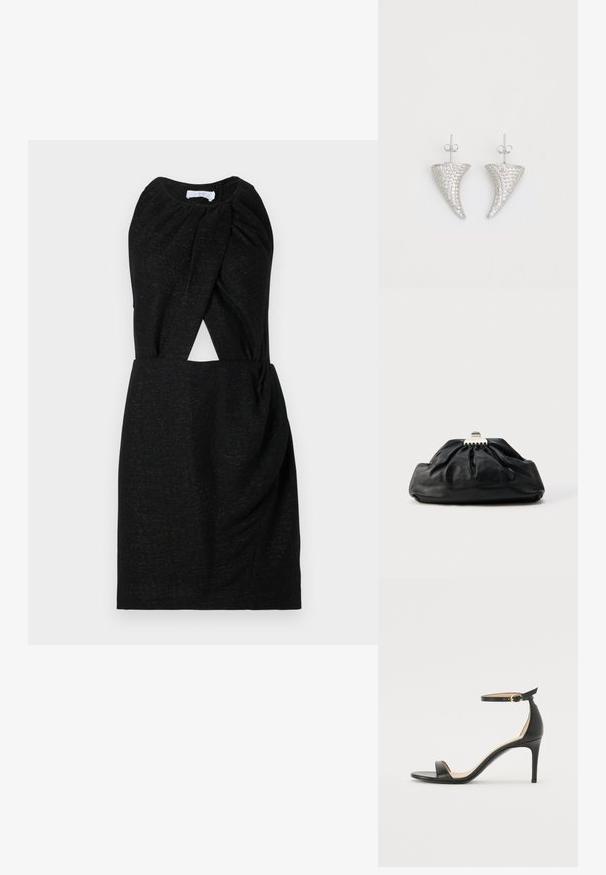 Vestido negro con escote retorcido, detalle en la cintura y tejido texturizado con sutil destello. Silueta sencilla y ajustada.; Sándalo de tacón alto de piel negra con tiras en el tobillo. Presenta una textura suave, puntera abierta y un tacón delgado. Detalles de hebilla en tono dorado.; Bolso de mano de cuero negro con textura recogida, cierre de broche metálico y logo en relieve sutil en el frente. Forma redondeada.; Pendientes en forma de cuerno plateado, engastados con pequeñas piedras transparentes, que cuentan con un cierre trasero para su sujeción. Textura suave y acabado metálico.