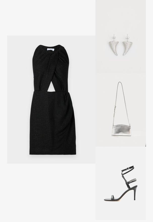 Vestido negro con escote retorcido, detalle en la cintura y tejido texturizado con sutil destello. Silueta sencilla y ajustada.; Sandalia negra de tacón alto con tira delgada en el tobillo, tira en la parte media del pie decorada con eslabones de cadena plateados y diseño de punta abierta.; Bolso bandolera metálico plateado con correa ajustable y logo sutil en el frente sobre un fondo claro y liso.; Pendientes en forma de cuerno plateado, engastados con pequeñas piedras transparentes, que cuentan con un cierre trasero para su sujeción. Textura suave y acabado metálico.