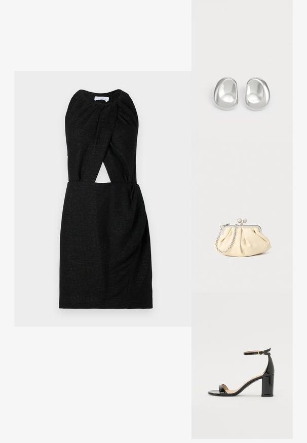 Vestido negro con escote retorcido, detalle en la cintura y tejido texturizado con sutil destello. Silueta sencilla y ajustada.; Sandalia de tacón alto en charol negro con pulsera en el tobillo y hebilla dorada, punta abierta y tacón ancho sobre fondo blanco.; Clutch de cuero beige plisado con un marco de metal plateado, que cuenta con dos broches decorativos redondos y una correa de cadena plateada.; Pendientes de plata con un diseño suave y redondeado, que cuentan con una superficie reflectante y suaves curvas, lo que les da una apariencia orgánica, similar a la de un canto rodante.