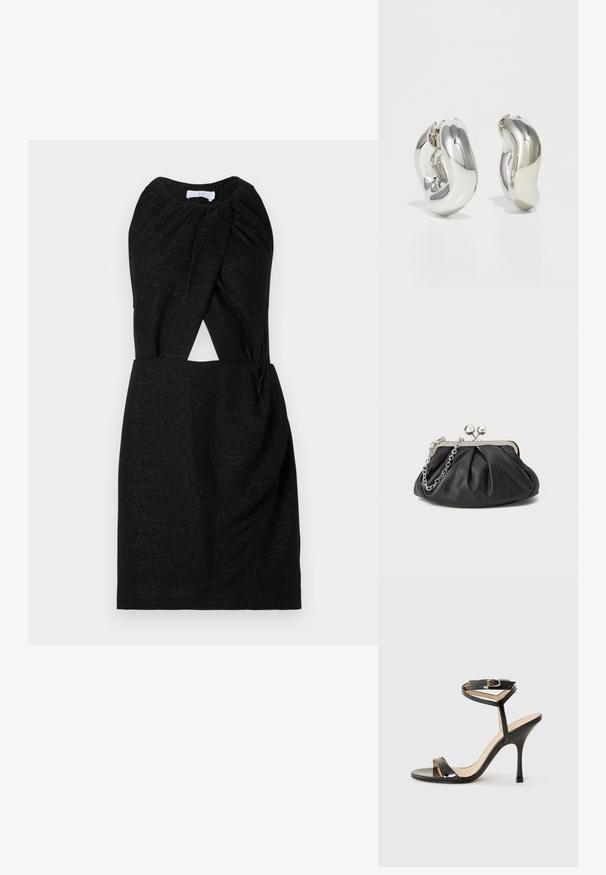 Vestido negro con escote retorcido, detalle en la cintura y tejido texturizado con sutil destello. Silueta sencilla y ajustada.; Sandalia de tacón alto de charol negro con tira delgada en el tobillo y hebilla, punta abierta y tacón aguja esbelto sobre fondo blanco.; Clutch de cuero negro con textura arrugada, marco de metal en tono plateado, cierre de beso y cadena para colgar. Superficie suave y lisa.; Pendientes escultóricos de plata con formas suaves y curvas y superficies reflectantes. Presentan un diseño de aro cerrado y una forma orgánica distintiva.