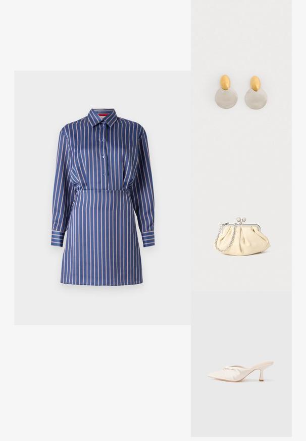 Vestido de camiseta a rayas azul y crema con cuello de solapa, frente de botones y mangas largas, que presenta una cintura ajustada y una textura suave.; Zapato mule de tela beige claro con un diseño anudado en la parte delantera, punta afilada y un tacón delgado y estrecho. Textura suave en general.; Clutch de cuero beige plisado con un marco de metal plateado, que cuenta con dos broches decorativos redondos y una correa de cadena plateada.; Pendientes de metal dorado y plateado con base de disco redondo y pieza superior ovalada, textura suave y acabado pulido.