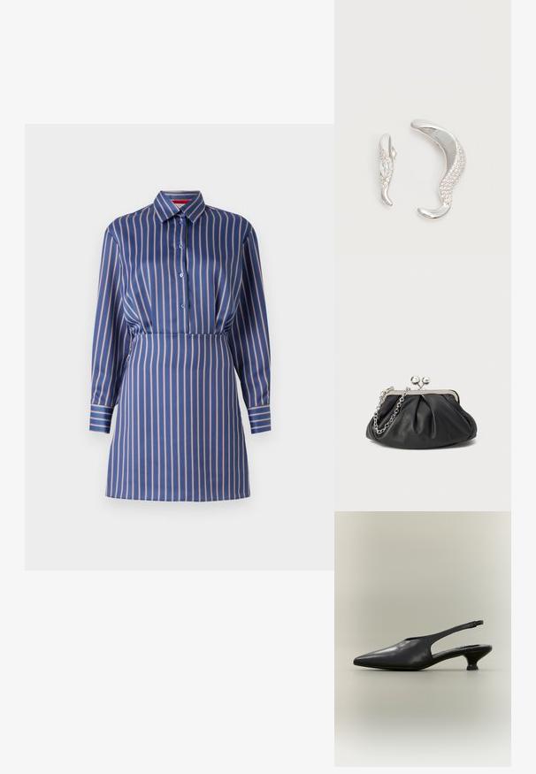 Vestido de camiseta a rayas azul y crema con cuello de solapa, frente de botones y mangas largas, que presenta una cintura ajustada y una textura suave.; Zapato slingback de cuero negro con punta afilada y tacón bajo tipo kitten sobre fondo neutro.; Clutch de cuero negro con textura arrugada, marco de metal en tono plateado, cierre de beso y cadena para colgar. Superficie suave y lisa.; Dos pendientes de plata curvados, uno más grande que el otro, ambos adornados con pequeños cristales brillantes a lo largo de un borde.