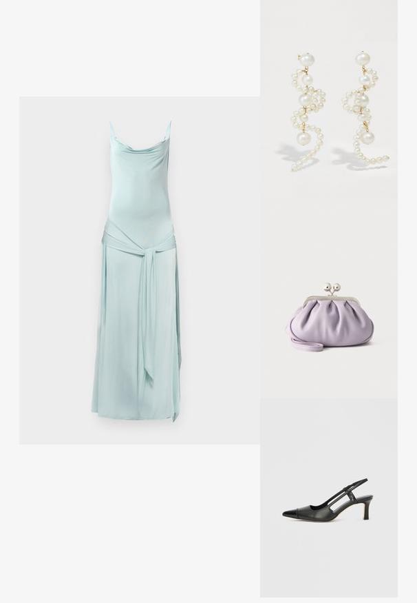 Robe bleu clair sans manches en tissu lisse, avec un col drapé et un détail portefeuille noué à la taille. Longueur au sol.; Chaussure à bride arrière en cuir noir avec bout pointu, dotée d'un accent brillant sur le bout et d'un talon de hauteur moyenne. Design latéral ouvert.; Pochette lavande douce avec tissu froncé, fermoir kiss-lock argenté et bracelet assorti sur un fond clair uni.; Boucles d'oreilles en perles blanches avec un design torsadé, mettant en valeur des perles de tailles variées et des accents dorés. Texture lisse et forme élégante.
