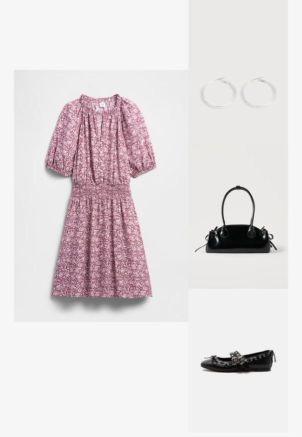 Vestido floral en tonos rosa y blanco, con cintura fruncida, mangas abullonadas, botones al frente y textura de tela suave.; Zapato de ballet plano negro con correas de doble hebilla, ojales plateados y un pequeño lazo cerca de la puntera redondeada sobre un fondo blanco.; Pequeño bolso negro brillante con dos asas largas y detalles de cordón lateral sobre un fondo claro liso.; Pareja de pendientes de aro plateados brillantes con cierres de alambre delgado, mostrados sobre un fondo gris claro.