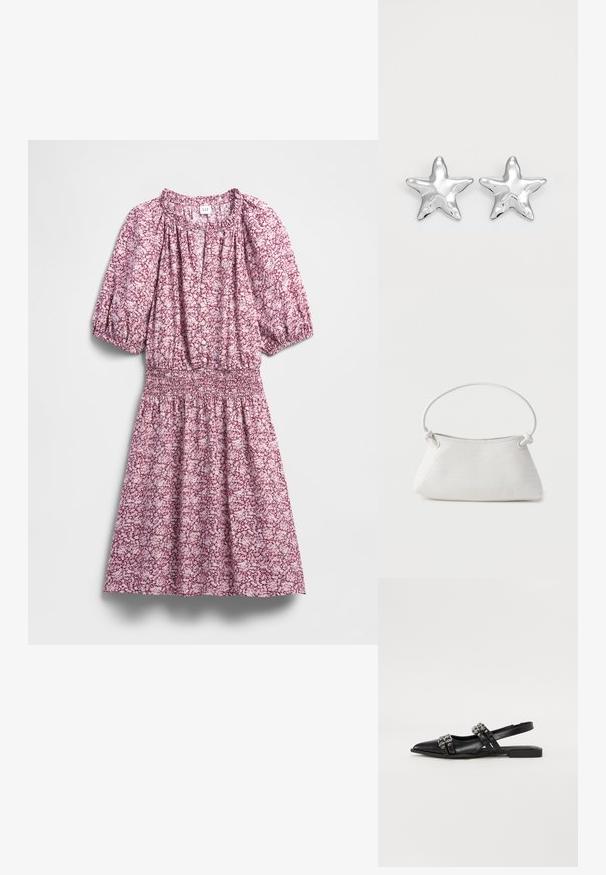 Vestido floral en tonos rosa y blanco, con cintura fruncida, mangas abullonadas, botones al frente y textura de tela suave.; Even&Odd Bailarinas con tira trasera - black; Bolso de mano de cuero blanco tejido con asa redondeada y extremos de la correa anudados, exhibido sobre un fondo liso.; Pendientes en forma de estrella plateada con una superficie pulida y brillante. Cada pendiente presenta cinco puntas y sutiles detalles de textura en la superficie.