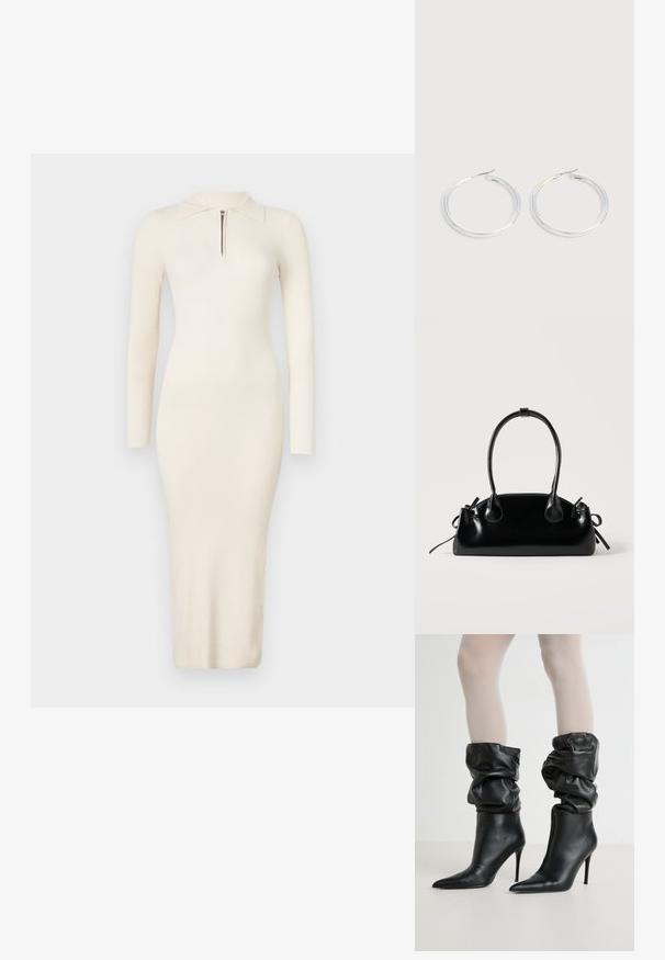 Robe crème à manches longues, côtelée, avec col polo et fermeture éclair à l'avant ; silhouette ajustée avec une longueur midi. Tissu doux et extensible.; Bottines en cuir noir avec un design décontracté, bout pointu et talon aiguille haut, avec une finition douce et texturée autour du col.; Petit sac à main noir brillant avec deux longues anses et des détails à cordon sur les côtés sur un fond clair uni.; Paire de boucles d'oreilles créoles argentées brillantes avec fermoirs en fil fin, présentée sur un fond gris clair.