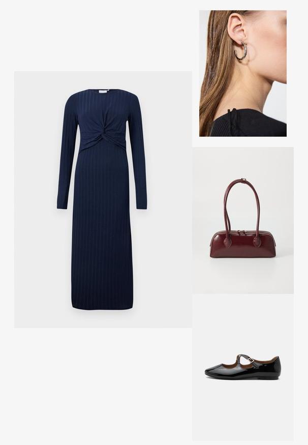 Vestido azul marino de manga larga con detalle de nudo torcido en la parte delantera, que presenta una textura acanalada y una silueta recta, hasta el suelo.; Zapato plano Mary Jane de charol negro con dos recortes y una correa con hebilla dorada sobre fondo blanco.; Bolso de piel burdeos con forma curva, asas dobles, cierre de cremallera y sutilezas en los detalles de costura. Acabado suave y brillante.; Pendiente de aro de plata con un acabado pulido, que presenta pequeños detalles en dorado y una forma redonda, llevado en el lóbulo.