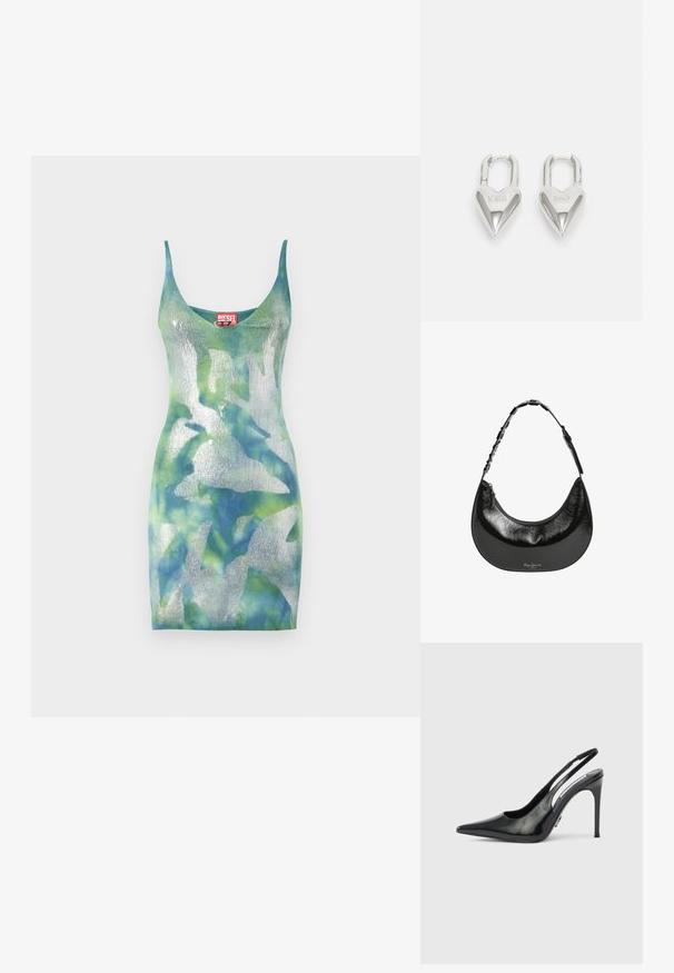 Strickkleid in schattierten Blau- und Grüntönen, mit metallischem Glanz, tiefem V-Ausschnitt und slim fit. Diesel-Label am Ausschnitt.; Schwarzer Slingback-Pumps aus Lackleder mit spitzer Kappe, ausgeschnittenen Seiten und schlankem Absatz. Glänzendes Finish mit minimalen Metallakzenten.; Pepe Jeans GRACEY - Handtasche - black; Silberne herzförmige Vorhängeschlösser mit eingravierten "JA"- und "NEIN"-Texten, polierte Oberfläche, symmetrisches Design und einem robusten Metallverschluss.