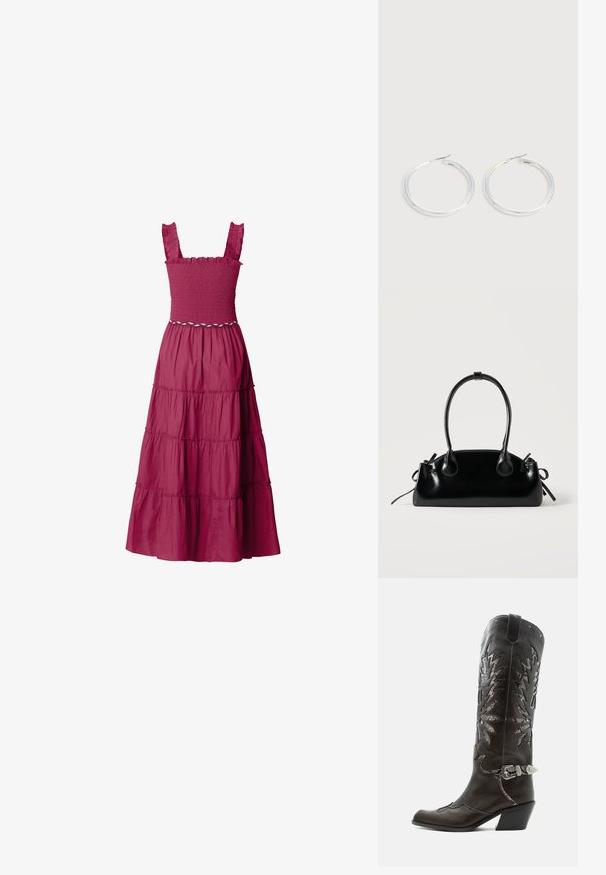Sleeveless dark pink maxi dress with smocked bodice, ruffled straps, tiered skirt, and decorative white rope belt at the waist.; Black leather cowboy boot with decorative cutouts, silver buckle, and angled heel, displayed on white background.; Small black glossy handbag with two long handles and side drawstring details on a plain light background.; Pair of shiny silver hoop earrings with thin wire clasps, displayed on a light gray background.