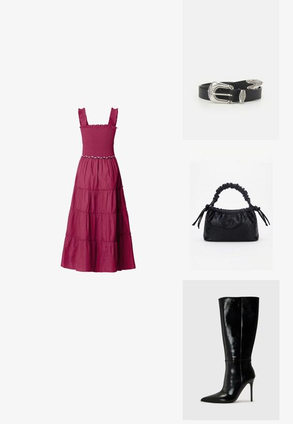 Sleeveless dark pink maxi dress with smocked bodice, ruffled straps, tiered skirt, and decorative white rope belt at the waist.; Black leather knee-high boots with a pointed toe and high stiletto heel. Smooth texture and sleek design, featuring minimal detailing.; Black handbag with crocodile texture, ruched top edge, gathered handle, and drawstring tassels on each side against a white background.; Black leather belt featuring a large silver metal buckle with intricate detailing and decorative accents on both ends.