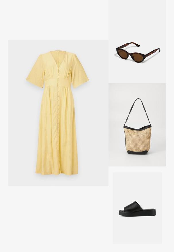 Gul maxi-kjole med V-hals, korte klokkeærmer, frontknapper og et tekstureret stof. Faldet let fra taljen.; Sort slip-on platform sandal med bredt læderoverdel og tyk sål, vist i sideprofil mod en ensartet grå baggrund.; Brune skildpadde solbriller med en vintage katteøje-form og brune linser. Har buede arme med røde detaljer.; Vævet stråtaske med en naturlig tekstur, accentueret af en sort kunstlæderkant og skulderrem; åben-top design.