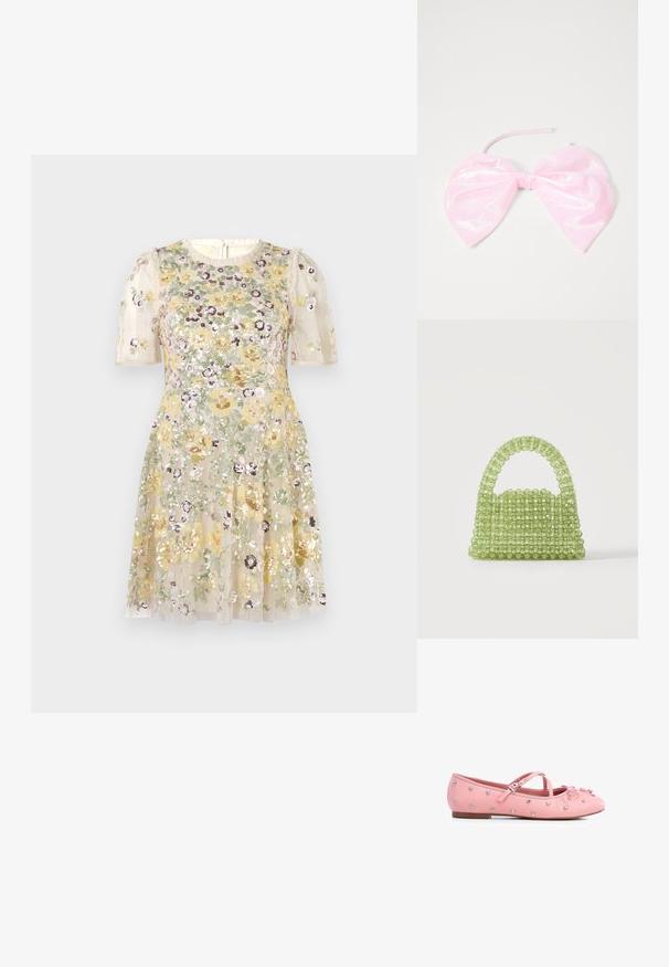 Needle & Thread ELINA ROSE SHORT SLEEVE MINI DRESS - Ballkleid - cream; Rosa Leder-Ballerinas mit verstellbarem Riemen, verziert mit silbernen Nieten und einer Schleifenapplikation an der Spitze. Flacher Absatz.; Kleine grüne Handtasche aus durchsichtigen runden Perlen mit einem perlenbesetzten Griff auf weißem Hintergrund.; Rosa, glänzendes Haaraccessoire in Form einer großen Schleife, mit glatter Textur und einem dünnen Riemen zum Befestigen.