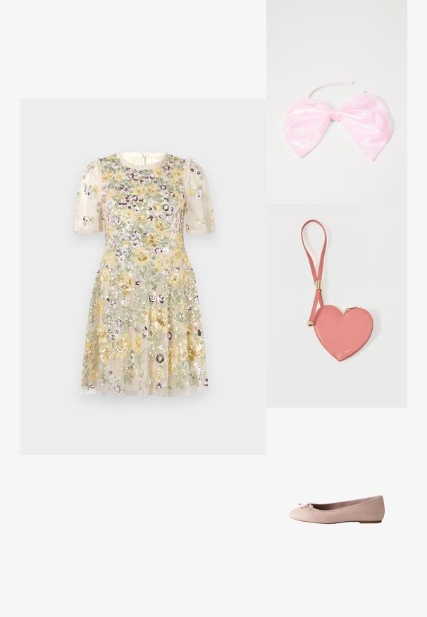 Needle & Thread ELINA ROSE SHORT SLEEVE MINI DRESS - Vestido de fiesta - cream; Zapatilla de ballet plana de color rosa claro con un pequeño lazo en la puntera redondeada y un tacón bajo, vista de lado.; Accesorio para el cabello de color rosa y brillante con forma de gran lazo, con una textura suave y una delgada correa para asegurarlo en su lugar.; Monedero de cuero rosa en forma de corazón con correa para la muñeca y cremallera dorada, con la marca "Furla" en pequeño texto dorado.