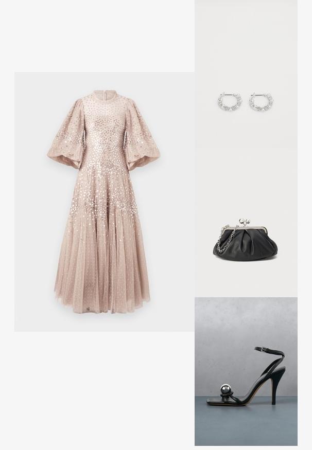 Robe longue sans manches de couleur beige clair avec un corsage texturé orné de sequins. Prend en charge des manches bouffantes volumineuses et une jupe fluide.; Sandale noire à talon haut avec bride à la cheville et boule décorative argentée métallique sur surface carrelée en bois à l'extérieur, avec un arrière-plan flou de verdure et de mur.; Porte-monnaie en cuir noir avec texture froncée, cadre en métal argenté, fermeture à verrouillage kiss-lock et bandoulière en chaîne. Surface lisse et douce.; Boucles d'oreilles en argent en forme de créoles avec des accents de perles et de cristaux, présentant une surface texturée et une fermeture à tige sécurisée.