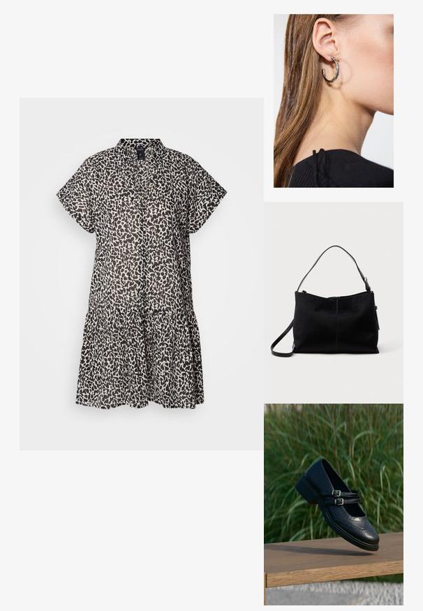 Kortærmet, knælængde kjole i letvægtsstof, med et mønster af sort og beige leopard og en lagdelt flæse i bunden.; Sort læder Mary Jane-sko med dobbelte spænder og brogue-detaljer, der svæver over en træbænk med grøn græsbaggrund.; Sort skuldertaske med en glat, tekstureret overflade, prydet med en enkelt rem og en lynlåslukning øverst. Kompakt rektangulær form.; Sølv hoop ørestik med en poleret overflade, prydet med små guld accenter og en rund form, båret på øreflippen.