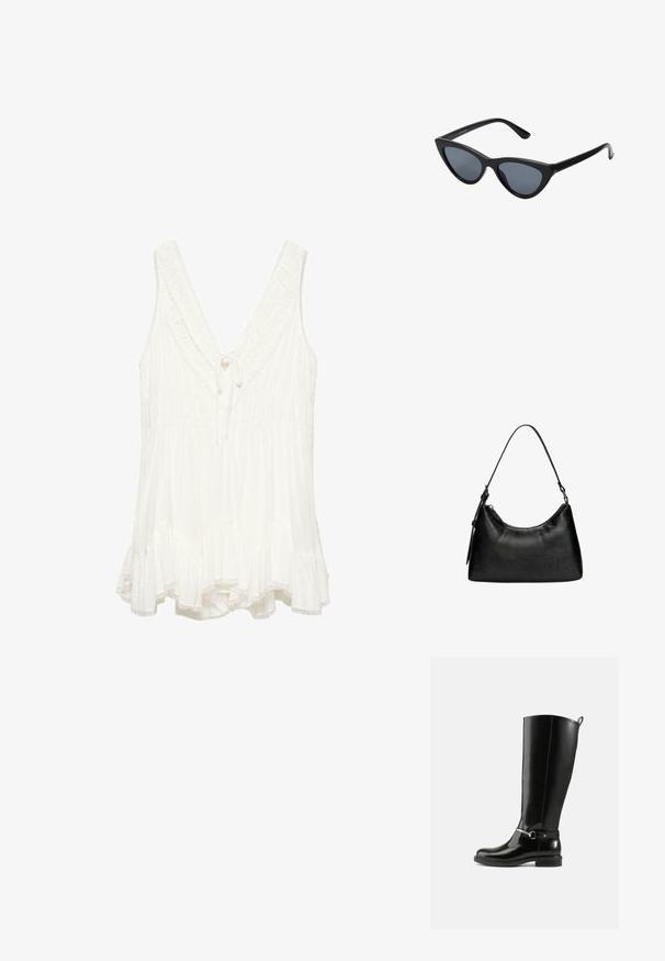 Blouse blanche sans manches avec un profond col en V, bordure à volants, taille froncée, détail noué au niveau du col et ourlet évasé avec des bords en dentelle.; Bottes noires montantes en cuir verni, avec un détail de boucle argentée à la cheville et une conception à bout arrondi. Semelle plate.; Lunettes de soleil noires en forme d'œil de chat avec des verres gris foncé, monture en plastique élégante, coins pointus et branches droites. Pas de métal visible ni d'accents.; Sac à main noir en simili cuir avec une forme incurvée, poignée courte, fermeture éclair et un motif texturé subtil sur la surface.