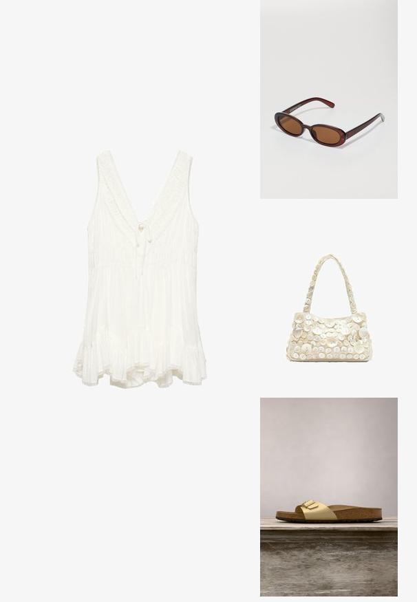 Blouse blanche sans manches avec un profond col en V, bordure à volants, taille froncée, détail noué au niveau du col et ourlet évasé avec des bords en dentelle.; Sandale glissante synthétique dorée avec une seule sangle et un accent de boucle, dotée d'un pied en liège brun et d'une semelle en caoutchouc texturé.; Lunettes de soleil rondes teinte brun avec une monture bordeaux brillante. Branches fines avec un détail de marque subtil. Design de verres plats.; Petit sac à main crème avec plus de 50 boutons blancs de tailles variées couvrant le devant et la poignée sur un fond blanc uni.