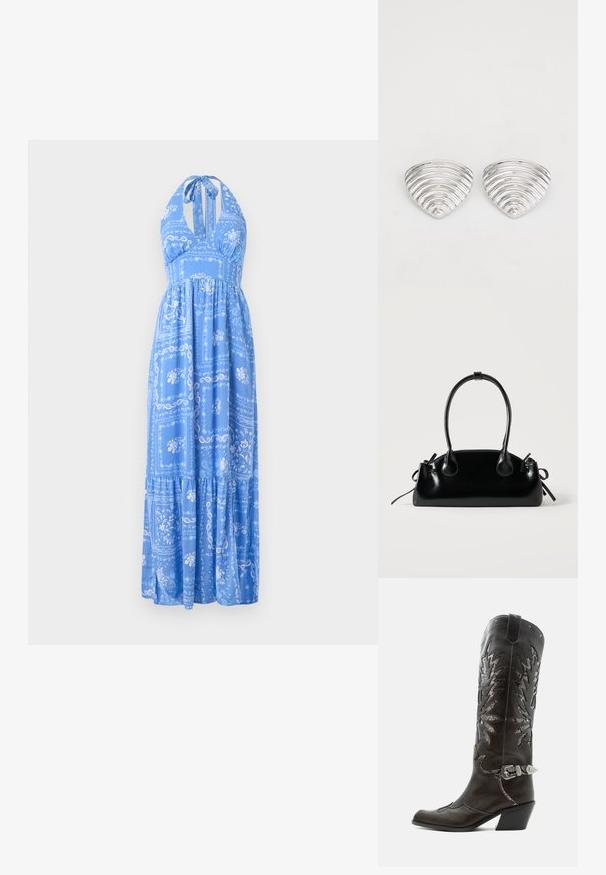 Vestido maxi azul con cuello halter, que presenta patrones florales y de paisley, falda con volantes y un corte holgado. Tela suave con una textura ligera.; Bota cowboy de cuero negro con recortes decorativos, hebilla plateada y tacón inclinado, presentada sobre fondo blanco.; Pequeño bolso negro brillante con dos asas largas y detalles de cordón lateral sobre un fondo claro liso.; Pendientes en tono plateado con un diseño ondulado y texturizado, con forma de media lunas superpuestas; el acabado pulido realza las cualidades reflectantes.