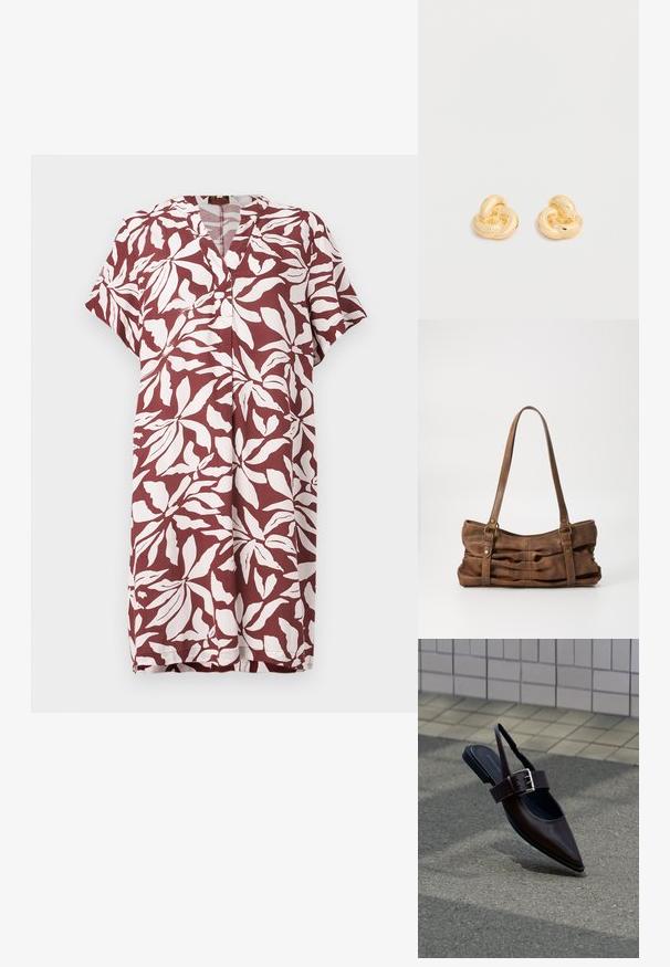 Bordeauxrote Kleid mit einem weißen Blättermuster, kurzen Ärmeln, V-Ausschnitt und gerader Schnitt. Hergestellt aus leichtem Stoff, geeignet für warmes Wetter.; Dunkelbrauner Slingback-Flachschuh mit spitz zulaufender Zehenpartie, breitem Riemen und großer silberner Schnalle auf Asphalt in der Nähe einer gefliesten Wand.; Even&Odd Handtasche - brown; Paar glänzende Ohrstecker in Form eines Knotens in Goldton vor einem einfachen weißen Hintergrund.