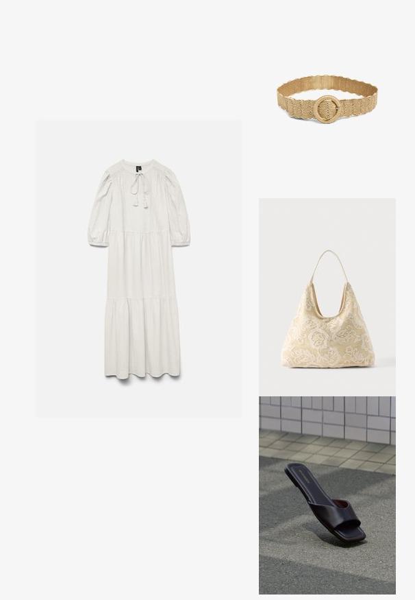 Longue robe blanche avec manches bouffantes trois-quarts, encolure ronde avec lien, jupe à volants et délicates coutures aux épaules et aux poignets.; Sandale slide marron foncé à bout carré et large bride, posée sur un goudron gris près d'un trottoir carrelé.; Sac fourre-tout en tissu couleur crème avec motif crochet floral blanc et une seule fine bandoulière sur fond uni.; Large ceinture tressée beige avec une boucle ronde et des bords festonnés, présentée en forme circulaire sur fond blanc.