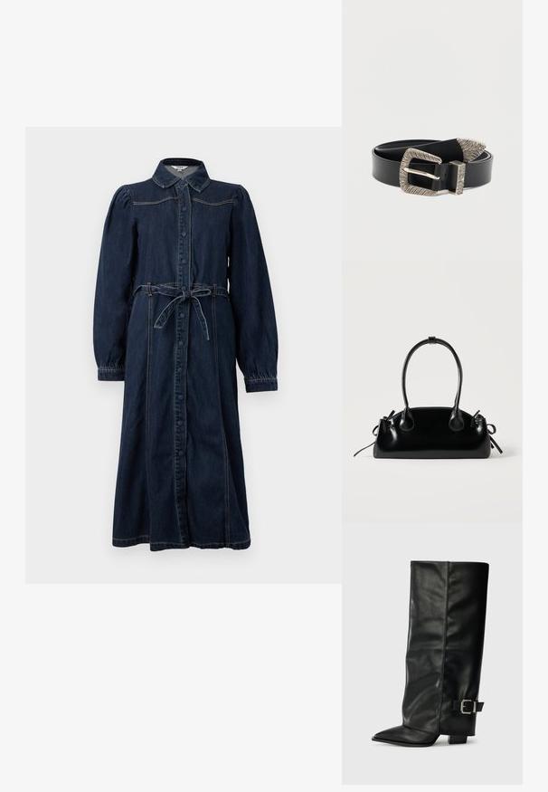 Tume sinine denim kleit krae, ees nupud, pikad puff-sleeve'id ja seotud vöö. Omab õmblusdetailide lisandit.; Mustad musta nahast pahkluu kingad, millel on terav nina, sile tekstuur ja hõbedane pandlaaksent küljel. Tõmblukuga suur ruudukujuline konts.; Väike must läikiv käekott kahe pika sangaga ja külgedel paelakinnitustega, ühel lihtsal helel taustal.; Mustast nahast vöö tekstureeritud hõbedase pandlaga, millel on lineaarsed mustrid ja terav ots, mõeldud kinnitamiseks ja reguleerimiseks.