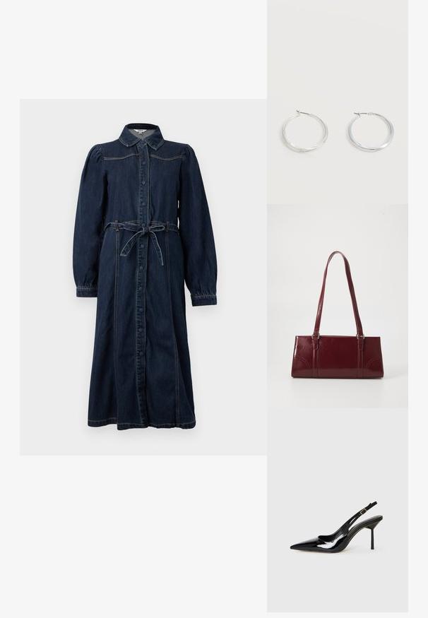 Tume sinine denim kleit krae, ees nupud, pikad puff-sleeve'id ja seotud vöö. Omab õmblusdetailide lisandit.; Must värviline lakknahast terava nina ja kõrge kontsaga slingback king, millel on õhuke rihm ja kuldne võtmehoidja, valgel taustal.; Burgundia värvi käekott, mis on valmistatud läikivast materjalist, ristküliku kujuline, kahe õlapaelaga ning ees on peened kaarjad aktsendid.; Hõbedased metallist rõngakujulised kõrvarõngad, millel on sile, kergelt kaarduv pind ja lukustuvad tagused kinnitused, valgel taustal.
