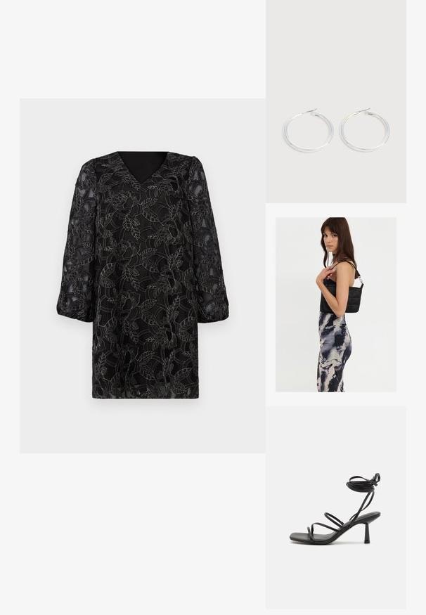 Schwarzes Kleid mit V-Ausschnitt, langen Puffärmeln und floraler Spitzenüberlagerung mit aufwendigen Blatt- und Blütenmotiven. Strukturierte Oberfläche.; Schwarze Sandale mit Riemchen, quadratischer Zehenpartie, verstellbaren Knöchelbindungen und einem schmalen Blockabsatz. Hergestellt aus einem glatten, strapazierfähigen Material.; Schwarze gesteppte Schultertasche mit einem einzelnen Riemen und silberner Hardware, kombiniert mit einem figurbetonten Kleid im Batikmuster in Schwarz- und Cremetönen.; Paar glänzende silberne Creolen mit dünnen Drahtverschlüssen, dargestellt vor einem hellgrauen Hintergrund.
