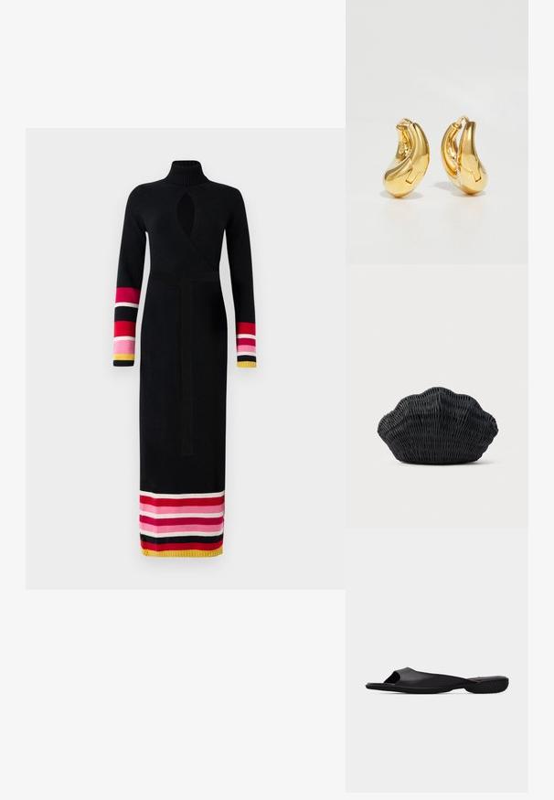 Gestricktes schwarzes Kleid mit hohem Kragen, Wickeldesign und langen Ärmeln, die an den Bündchen und dem Saum mit bunten gestreiften Akzenten in Pink, Rot und Gelb versehen sind.; Schwarze offene Slide-Sandale mit offenem Zehenbereich, strukturierter Sohle und minimalistischem Design, seitlich auf einem schlichten hellgrauen Hintergrund betrachtet.; Schwarze Korbtasche in Muschelform mit gebogenem Oberteil und gewebter Textur auf einfarbigem Hintergrund.; Goldene Creolen mit einer glatten, geschwungenen Form und polierter Oberfläche. Mit einem Verschlussmechanismus und leichten Einkerbungen für Details.