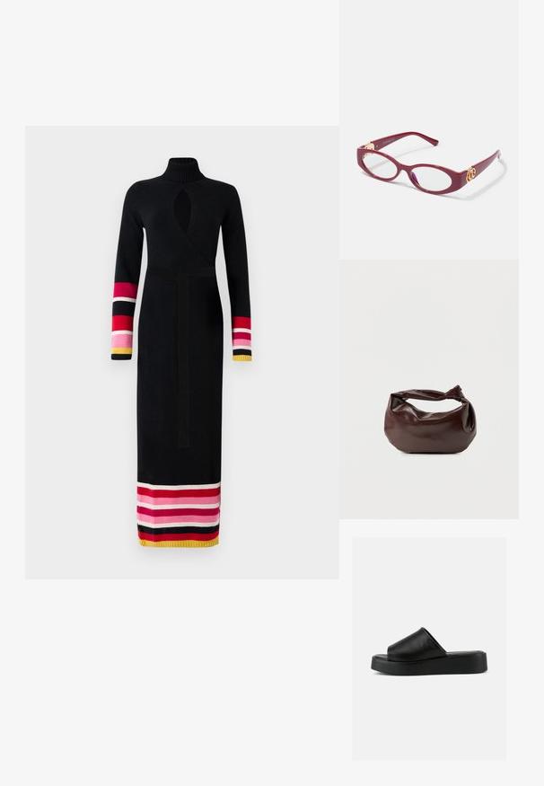 Strikket sort kjole med høj krave, omslag design, lange ærmer med farverige stribede detaljer i pink, rød og gul ved manchetterne og kanten.; Sort slip-on platform sandal med bredt læderoverdel og tyk sål, vist i sideprofil mod en ensartet grå baggrund.; Røde plastikbriller med ovalt stel og klare linser. Har guldfarvede hardware-detaljer på stængerne og et slankt moderne design.; Mørkebrun læder skuldertaske med en blød, afslappet form og et snoet knudehåndtag på en ensartet hvid baggrund.