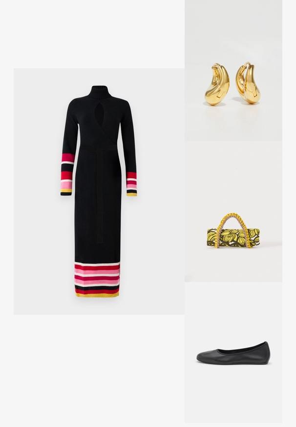 Vestido negro de punto con un alto cuello, diseño envolvente, mangas largas con acentos a rayas de colores en rosa, rojo y amarillo en los puños y el dobladillo.; Bailarina de piel negra con punta redondeada, textura suave, detalle de costura minimalista y diseño de suela flexible.; Bolsa rectangular con patrón floral en amarillo y negro y asa trenzada amarilla y rosa sobre fondo blanco.; Pendientes de aro de oro con forma curva y suave, y acabado pulido. Presentan un mecanismo de cierre y ligeras indentaciones para un toque de detalle.