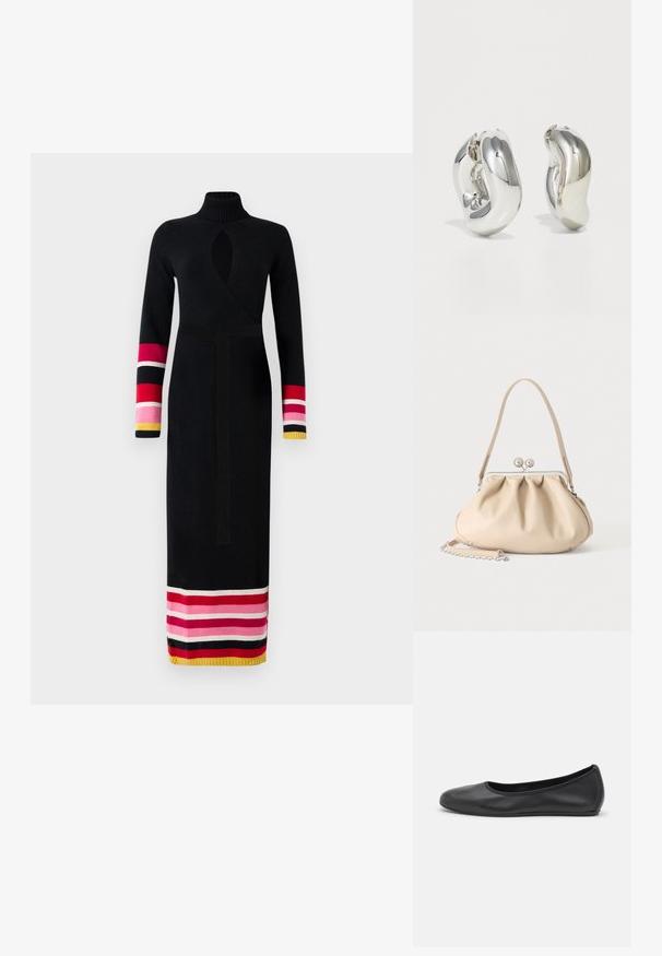 Vestido negro de punto con un alto cuello, diseño envolvente, mangas largas con acentos a rayas de colores en rosa, rojo y amarillo en los puños y el dobladillo.; Bailarina de piel negra con punta redondeada, textura suave, detalle de costura minimalista y diseño de suela flexible.; Bolso de mano de cuero suave beige con cierre de marco metálico plateado, una correa para el hombro y una correa de cadena opcional sobre un fondo blanco.; Pendientes escultóricos de plata con formas suaves y curvas y superficies reflectantes. Presentan un diseño de aro cerrado y una forma orgánica distintiva.
