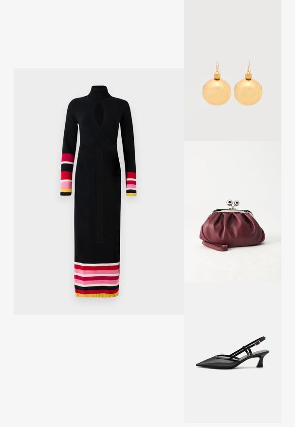 Vestido negro de punto con un alto cuello, diseño envolvente, mangas largas con acentos a rayas de colores en rosa, rojo y amarillo en los puños y el dobladillo.; Zapato slingback negro con punta afilada, parte superior de malla, tiras delgadas, hebilla dorada y tacón bajo curvado sobre fondo blanco.; Pequeño bolso de mano de cuero burdeos con cierre metálico plateado y correa de muñeca sobre un fondo blanco.; Par de pendientes de bola navideña dorados brillantes con cierre de gancho sobre un fondo blanco liso.