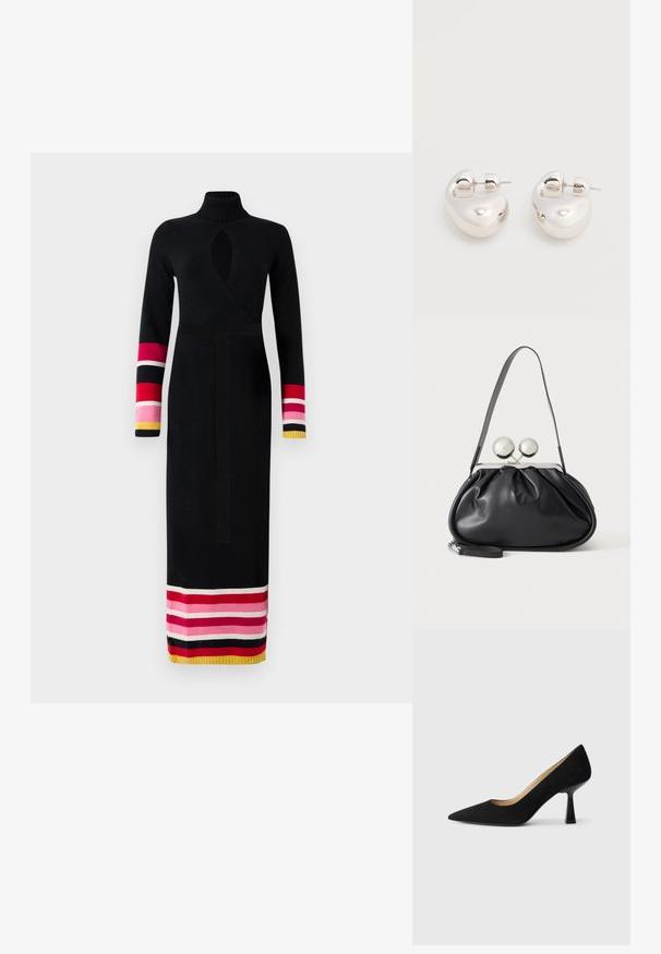 Vestido negro de punto con un alto cuello, diseño envolvente, mangas largas con acentos a rayas de colores en rosa, rojo y amarillo en los puños y el dobladillo.; Zapato de tacón alto de ante negro con punta afilada, que cuenta con un tacón de bloque negro brillante y un forro interior suave.; Bolso de mano de cuero negro con diseño fruncido, una sola correa, marco metálico plateado y dos cierres grandes redondos de plata.; Par de pendientes llamativos de aro grueso plateado brillante con cierre de poste sobre un fondo blanco liso.