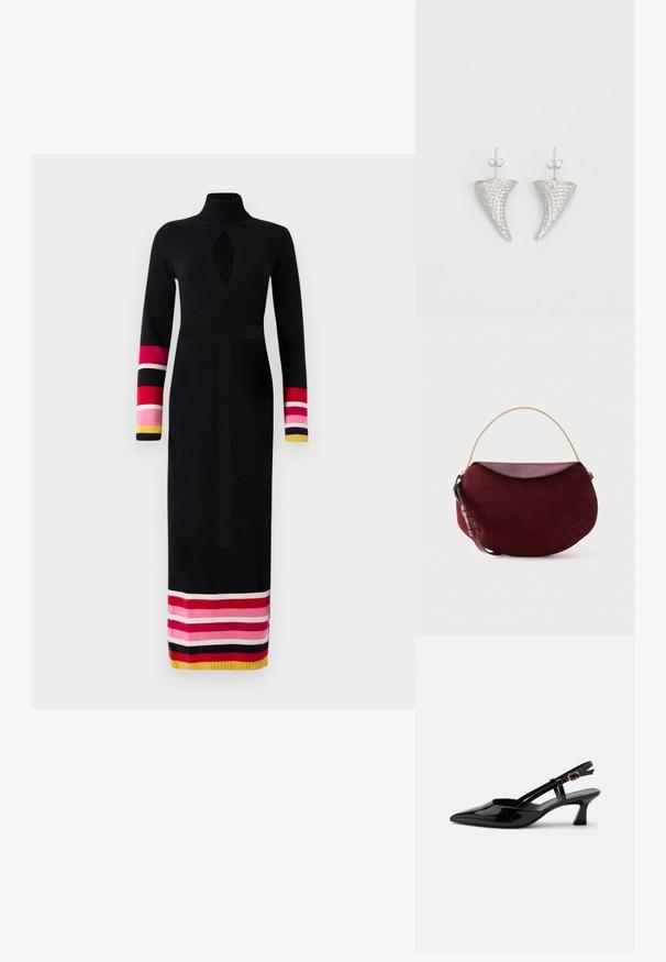 Vestido negro de punto con un alto cuello, diseño envolvente, mangas largas con acentos a rayas de colores en rosa, rojo y amarillo en los puños y el dobladillo.; Zapato slingback de charol negro con tacón bajo, punta puntiaguda y correa ajustable con hebilla dorada sobre fondo blanco.; Bolso de mano de ante rojo oscuro en forma de media luna con solapa de cuero liso, asa de cadena dorada y correa de cuero ajustable sobre fondo blanco.; Pendientes en forma de cuerno plateado, engastados con pequeñas piedras transparentes, que cuentan con un cierre trasero para su sujeción. Textura suave y acabado metálico.