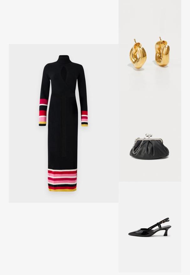 Robe en tricot noire avec un col haut, design enveloppant, manches longues avec des accents colorés rayés en rose, rouge et jaune au niveau des poignets et de l'ourlet.; Chaussure slingback en cuir verni noir à petit talon, bout pointu et bride réglable avec boucle dorée sur fond blanc.; Porte-monnaie en cuir noir avec texture froncée, cadre en métal argenté, fermeture à verrouillage kiss-lock et bandoulière en chaîne. Surface lisse et douce.; Boucles d'oreilles créoles en or massif avec un design tubulaire légèrement tordu et des fermoirs à tige sur un fond blanc.