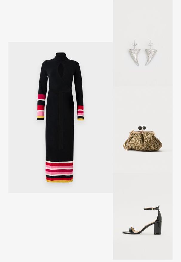 Vestido negro de punto con un alto cuello, diseño envolvente, mangas largas con acentos a rayas de colores en rosa, rojo y amarillo en los puños y el dobladillo.; Sandalia de tacón alto en charol negro con pulsera en el tobillo y hebilla dorada, punta abierta y tacón ancho sobre fondo blanco.; Pequeño bolso de mano con patrón geométrico en dorado y negro, marco metálico dorado, cierre de bola negro y una corta correa de cadena dorada.; Pendientes en forma de cuerno plateado, engastados con pequeñas piedras transparentes, que cuentan con un cierre trasero para su sujeción. Textura suave y acabado metálico.