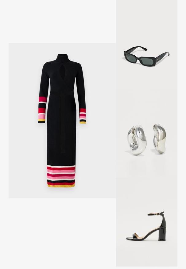 Robe en tricot noire avec un col haut, design enveloppant, manches longues avec des accents colorés rayés en rose, rouge et jaune au niveau des poignets et de l'ourlet.; Sandale à talon haut en cuir verni noir avec bride à la cheville et boucle dorée, bout ouvert et talon bloc sur fond blanc.; Lunettes de soleil noires avec une monture rectangulaire, des verres verts et une finition brillante. Présente un logo doré sur la branche. Les détails texturés sont absents.; Boucles d'oreilles sculpturales en argent avec des formes douces et courbes et des surfaces réfléchissantes. Présentent un design de boucle fermée et une forme organique distincte.